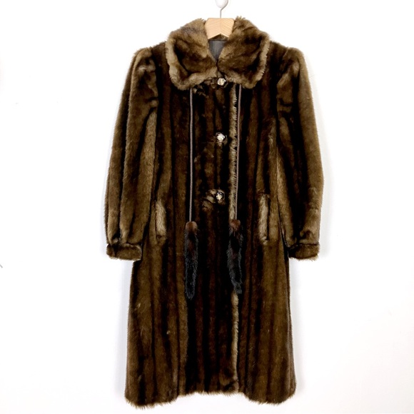 Vintage faux fur mink coat medium brown vegan classic mink tails tassels trench - Picture 1 of 12